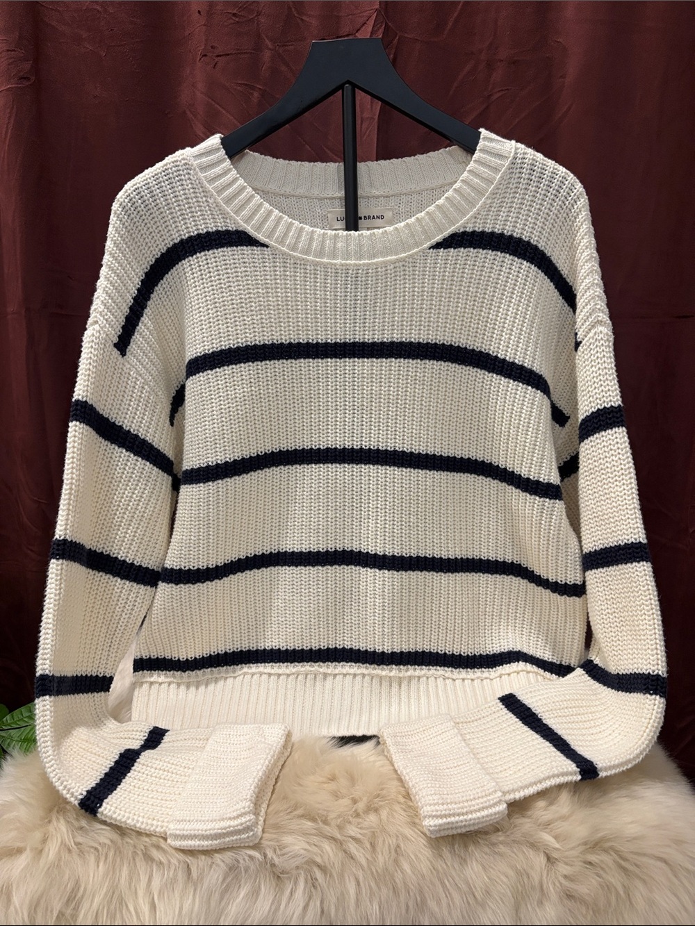 Lucky Brand Cream Crewneck Sweater with Navy Stripes